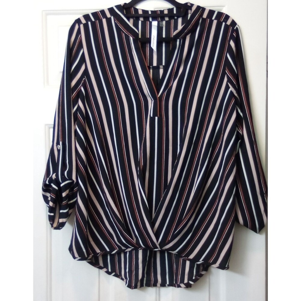 NY Collection Women's Striped V-Neck Lightweight 3/4 Sleeve Blouse Top L
